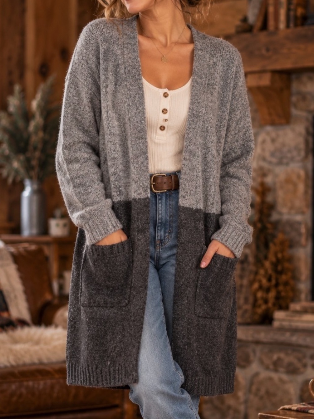 Max Studio Duster Cardigan Womens Size Medium Gray Colorblock Cabincore Soft